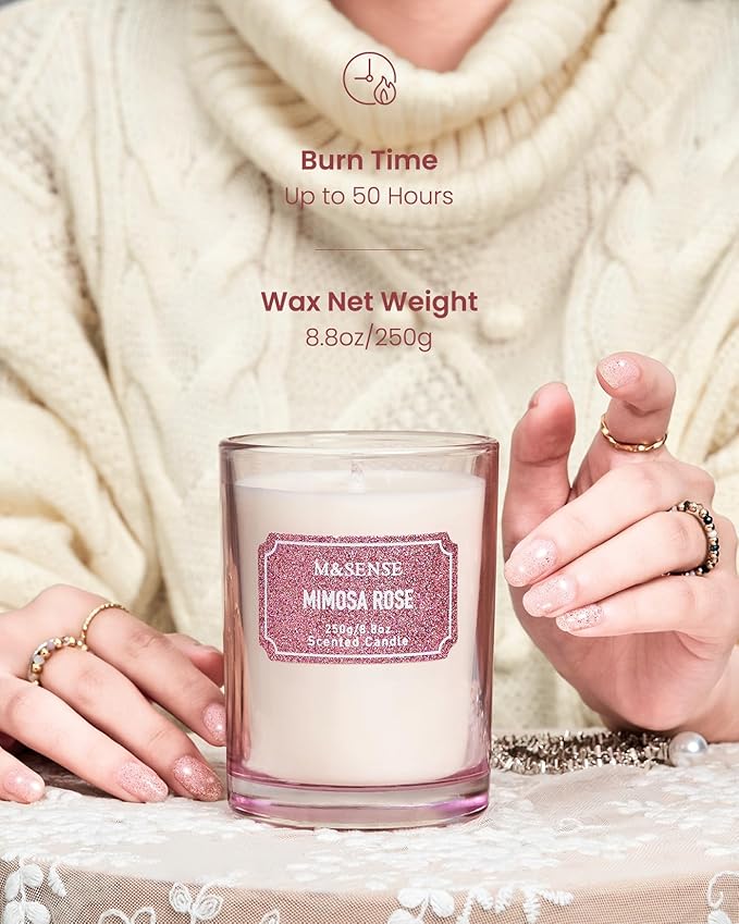 M&SENSE Rose Scented Candles, Classic Size 8.8 oz Glitter Jar Candles, Holiday Candles Gifts for Women, Strong Scented Natural Soy Candle for Winter Home Decor, 50 Hours Long Burning