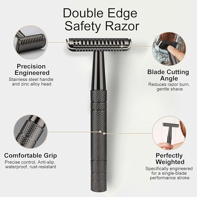 Safety Razors for Men and Women, Single Blade Razor, Reusable Metal Razor, with 10 Double Edge Blades, Stainless Steel Handle, Smooth Close Gentle Shave, Black