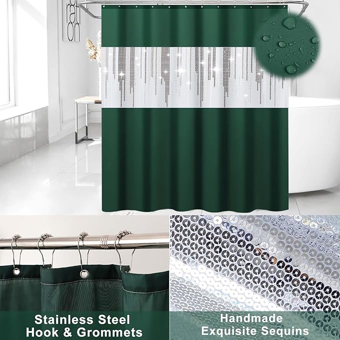 Dark Green Bathroom Accessories Set with Sequin Shower Curtain Dark Green Bathroom Decor with Trash Can,Toothbrush Holder, Toothbrush Cup,Soap Dispenser, Tray, Soap Dish,Toilet Brush