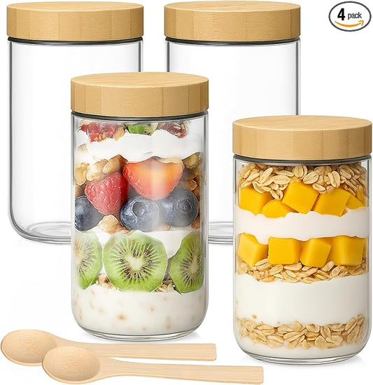 4 Pack 24oz Glass Jars with Bamboo Lids, Spoons, Airtight Overnight Oats Containers, Wide Mouth Mason Jars, Food Storage Container for Yogurt Salad Snacks Spice Sugar Meal Prep – Reusable