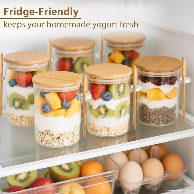 6 Pack Overnight Oats Containers with Lids and Spoons, 16oz Glass Jars with Bamboo Lids, Airtight Meal Prep Yogurt Containers for Breakfast, Parfait, Salad, Chia Pudding