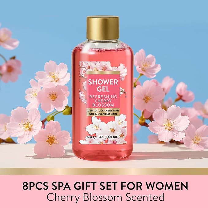 Refreshing Cherry Blossom Christmas Spa Gifts for Women, 8 Piece Gift Set with Bubble Bath, Bath Gift Baskets for Her, Relaxing Care Package with Body Scrub, Lotion, Hand Cream, Soap