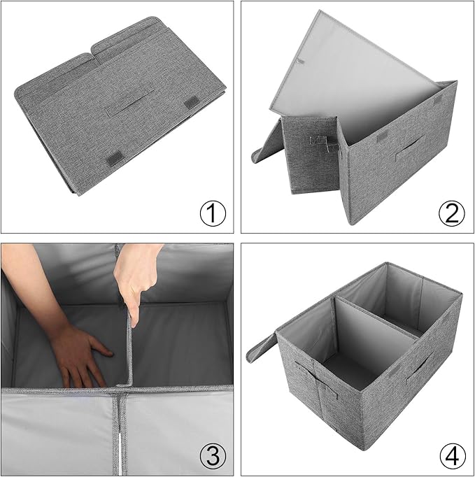 2 Pack Large Storage Boxes with Lids and Handles, Collapsible Linen Storage Bins Organizer Containers Baskets Cube with Removable Divider for Home Bedroom Closet Office (Grey, Large)