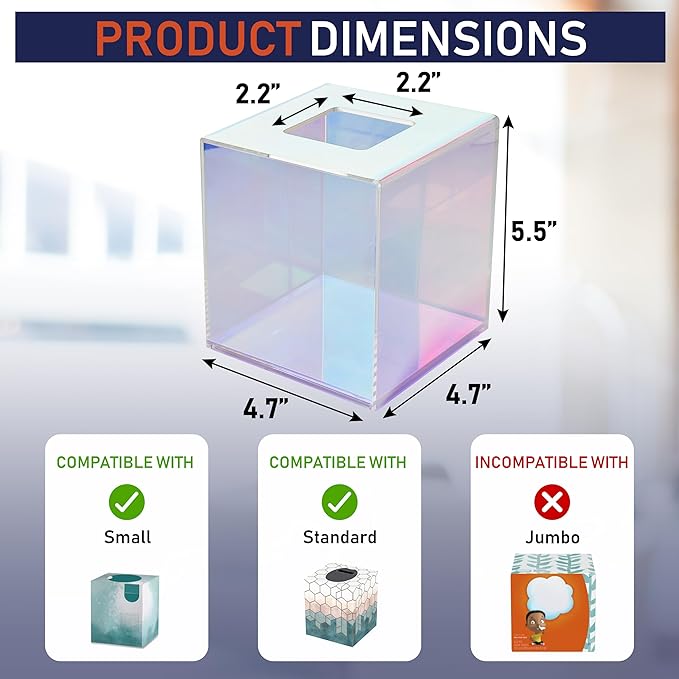 Acrylic Tissue Box Holder, Clear Dispenser for Facial Tissues, Napkins, and Dryer Sheets. Perfect for Bathrooms, Desks, Countertops, Vanities, Bedrooms, and Nightstands (Square, Iridescent)