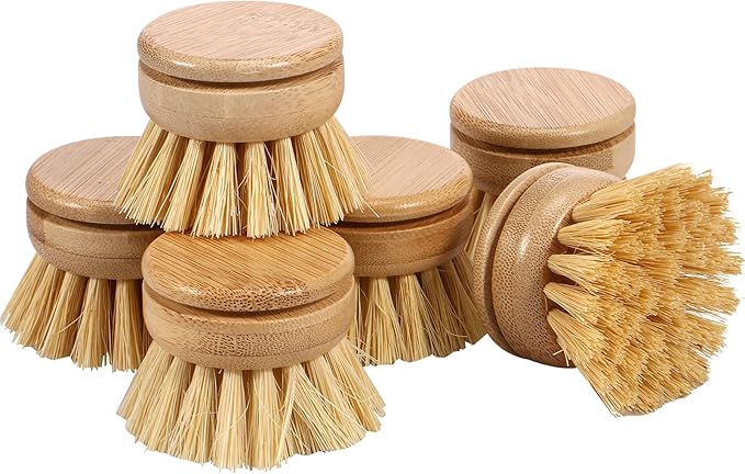 Bamboo Dish Brush - 6 Replacement Heads, Soft Sisal Bristle Scrubber, Brush for Kitchen Cleaning