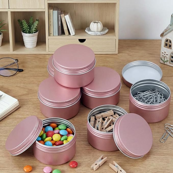 Patelai Rose Gold Christmas Aluminum Tin Cans 24 Pcs 4 oz Round Metal Tin Jar Containers Refillable Aluminum Storage Cans with Screw Lid and 10 Sheets Label Sticker for Salve Spice Candy Candle