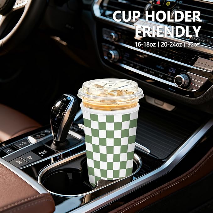 Iced Coffee Sleeve, Reusable Insulated Neoprene Cup Sleeve for Cold & Hot Drinks Beverages, Cup Holder for 32oz Coffee Cups, Green Plaid