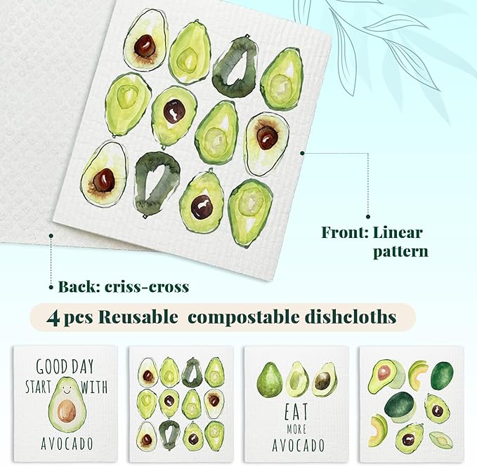 Avocado Swedish Dishcloths for Kitchen, Swedish Dish Cleaning Cloths for Friut, Papaya Reusable Paper Towels, 4 Pack Dish Towels for Kitchen, Reusable Sponge Cloths Washable