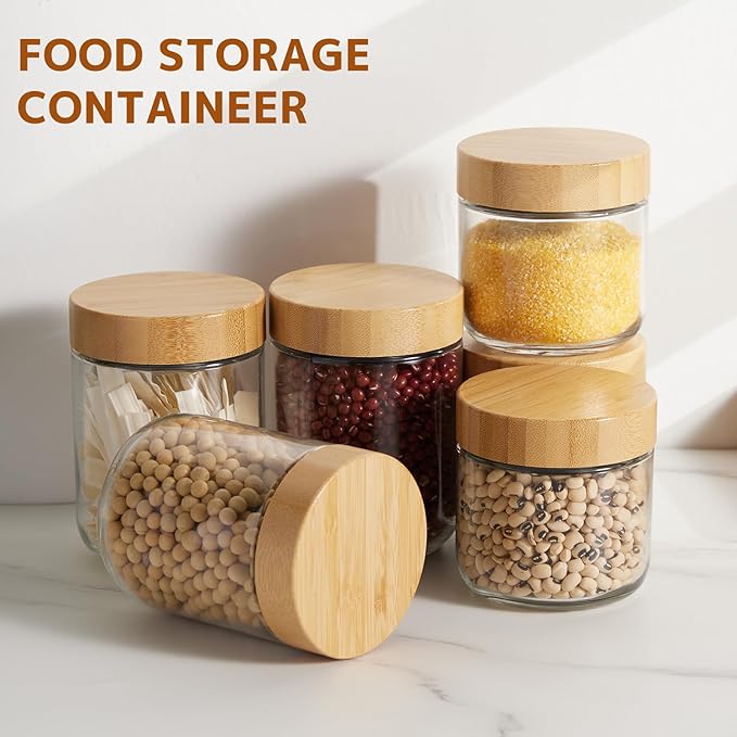 4-pack 10oz Overnight Oats Containers with Bamboo Lids, Wide mouth Mason Salad jars, Glass Jars with Airtight Lids for Meal Prep, Glass Food Storage Container for Snack Yogurt Sugar Spice