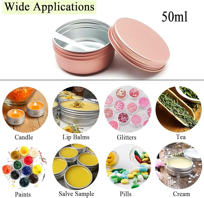 10pack 50ml Aluminum Tin, 50 Gram Travel Size Container Leak Proof Cosmetic Jars, 50g Small Makeup Round Screw Lids Cans for Cosmetic, Salves, Lip Balms, Toner, Cream, Candle, Tea, Wax, Pink