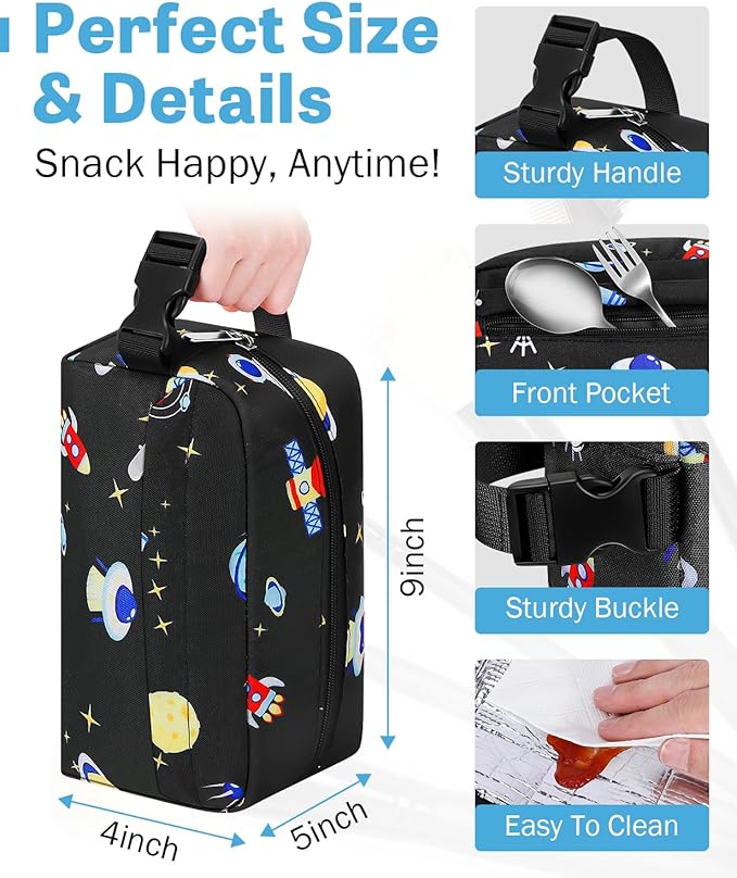 Small Insulated Snack Bag Lunch Box,Collapsible Reusable Small Lunch Bag with Snap Buckle Handle for Beach Travel Picnic,Planetary Astronauts 5-Can(3L)