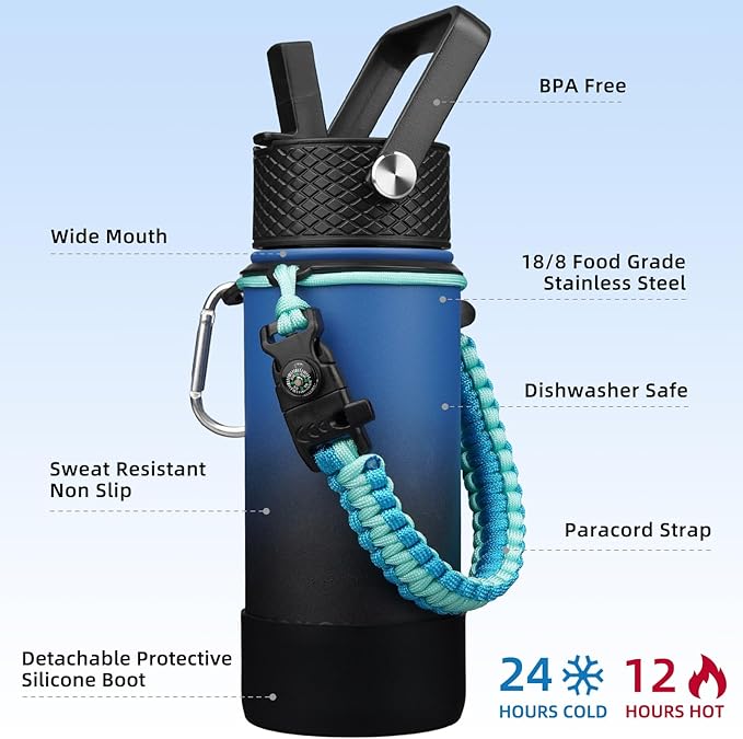 BJPKPK Water Bottle with Straw Lid, 18oz Insulated Water Bottles with 3 Lids, Paracord Handle & Non-slip Boot, Metal Stainless Steel Thermal Flasks, BPA Free Leak Proof Tumblers,Blue Black