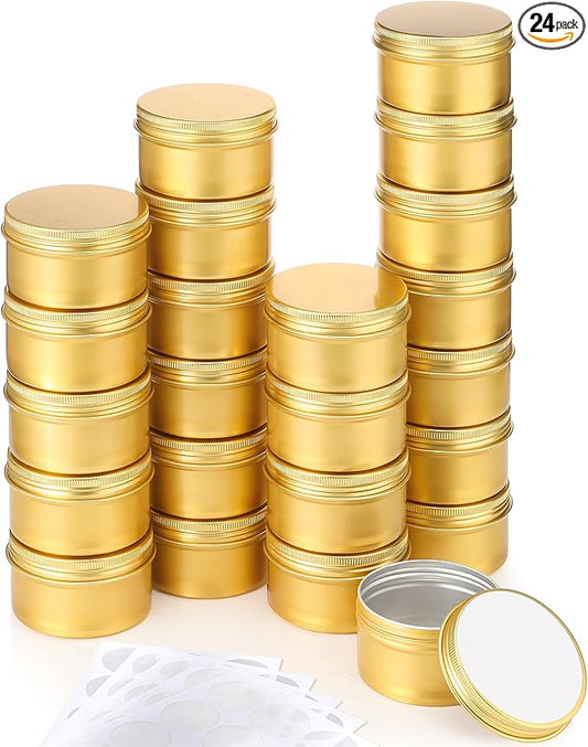Patelai Gold Christmas Aluminum Tin Cans 24 Pcs 4 oz Round Metal Tin Jar Containers Refillable Aluminum Storage Cans with Screw Lid and 10 Sheets Label Sticker for Salve Spice Candy Candle