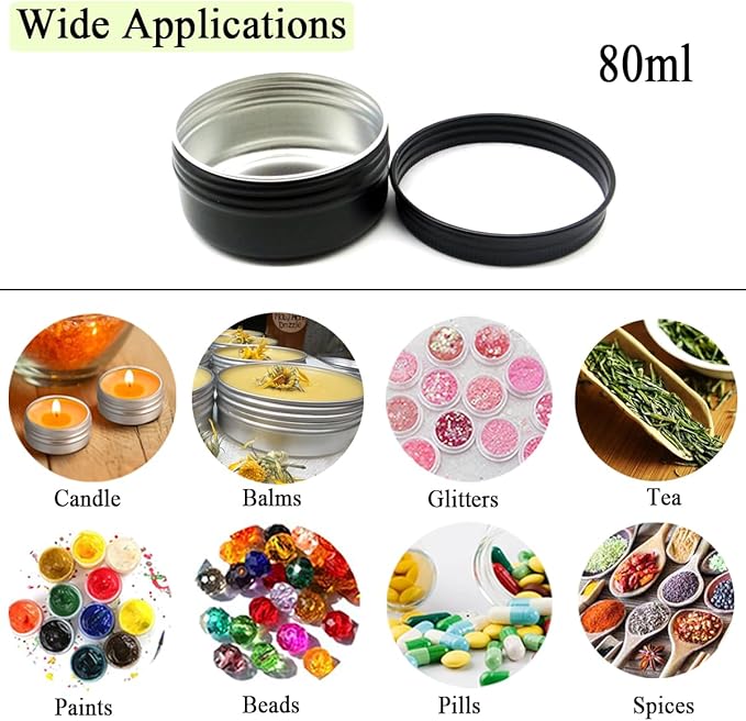 10pack 80ml Aluminum Tin, 80 Gram Black Empty Travel Cosmetic Sample Containers with Screw Cap Lid, 80g Metal Tins Can Storage Travel Jars for DIY Crafts, Lip Balms, Face Cream, Candle, Tea