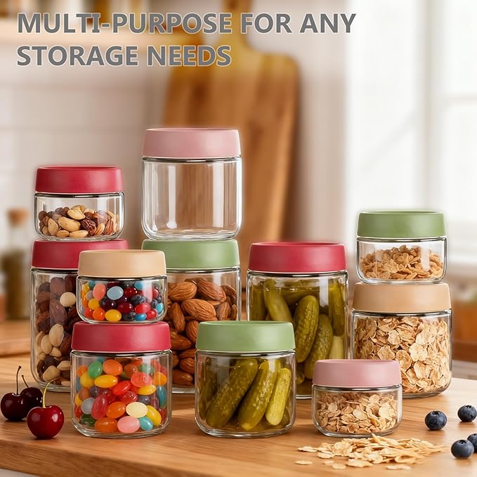 12 Pack 4oz 10oz 16oz Glass Jars with Lids, Overnight Oats Containers, Airtight Yogurt Storage Containers, Wide Mouth Mason Jars, Salad, Snacks, Spices, Meal Prep - Reusable