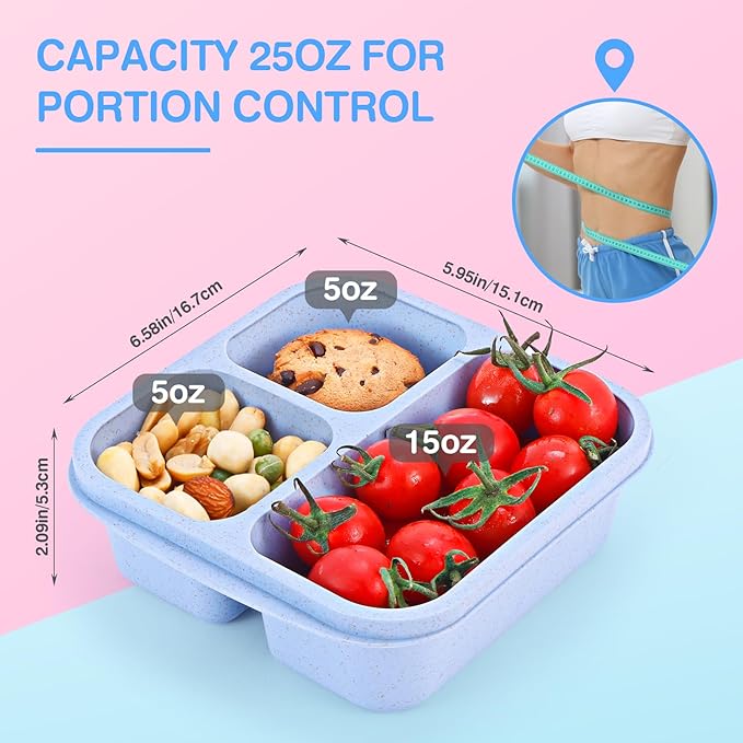 Bento Box [Portion Size], 3 Pack Snack Containers with 3 Compartments for Meal Prep & On-the-Go [School, Travel], Lunchable Container Reusable and BPA-Free