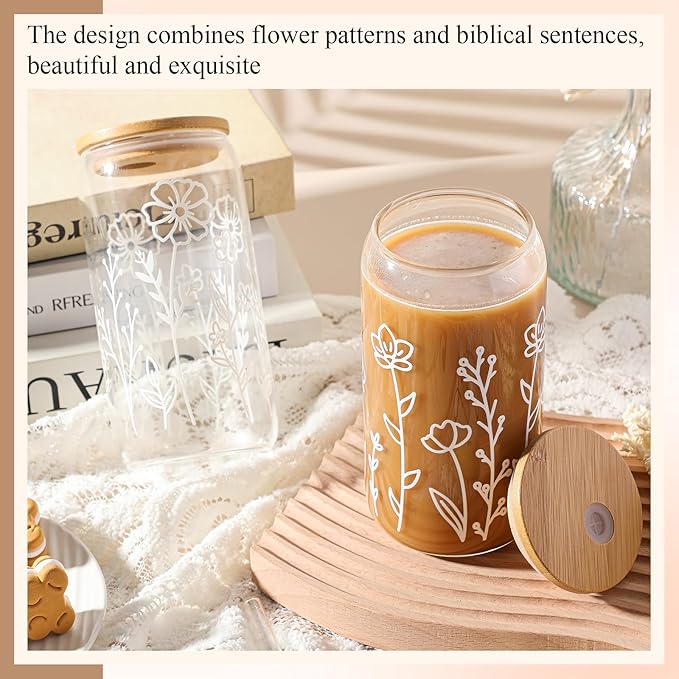 Mumufy Gift for Women Cute Glass Cup Tumbler Flower Iced Coffee Mugs 16 oz Glass with Bamboo Lid & Straw, Mothers Day Birthday Gift for Mom Sister Bridesmaid Baby Shower(2 Pack,Boho Floral)