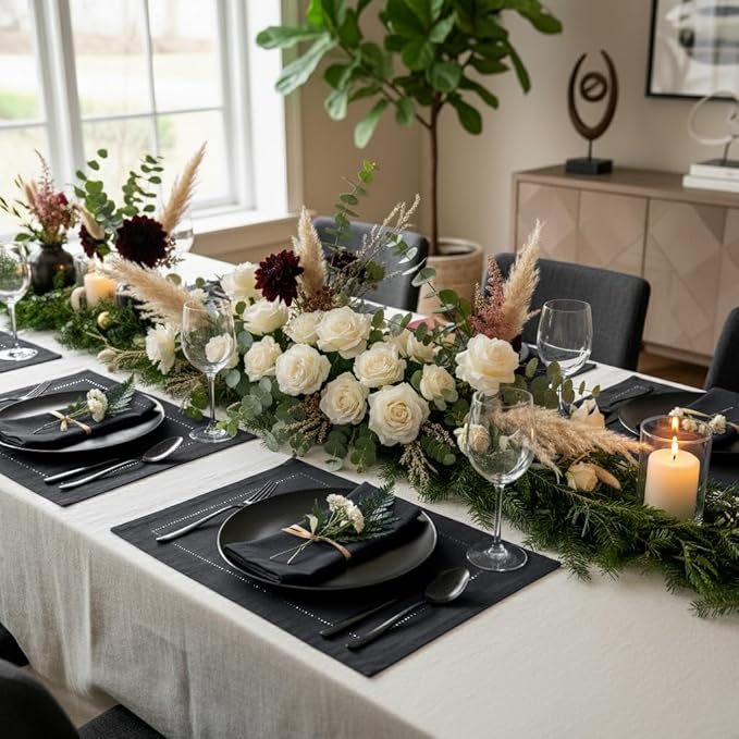 D'Moksha Homes Linen Placemats Set of 4 - Classic Hemstitch Black Placemats 14 x 19 Inch - 100% Pure Linen Table Mats for Winter, Christmas, Holiday - Handcrafted and Machine Washable