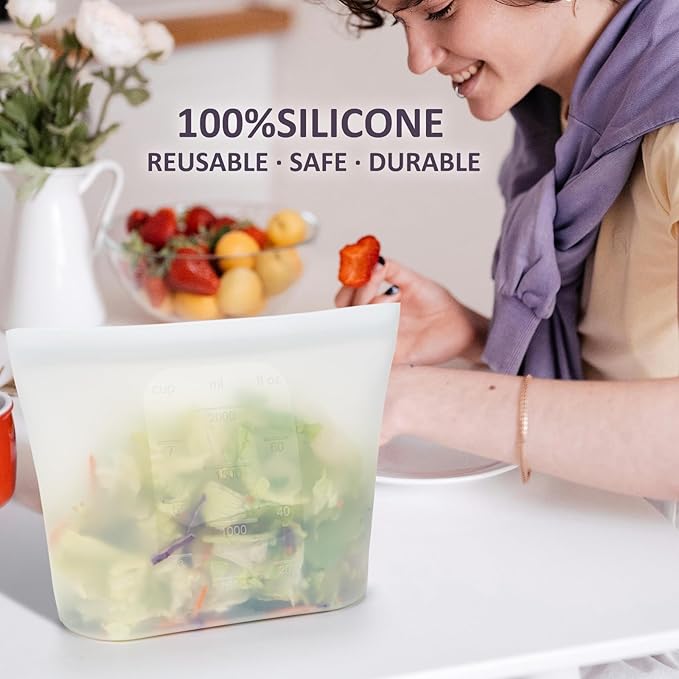 Large Reusable Silicone Food Storage Bags 4 Pack, 0.44 Gallon/2000ml, 100% Silicone Stand-Up Wide-Open Zip-Lock Reusable Bags for Large Items, Microwave Freezer Oven Dishwasher Safe, Translucent