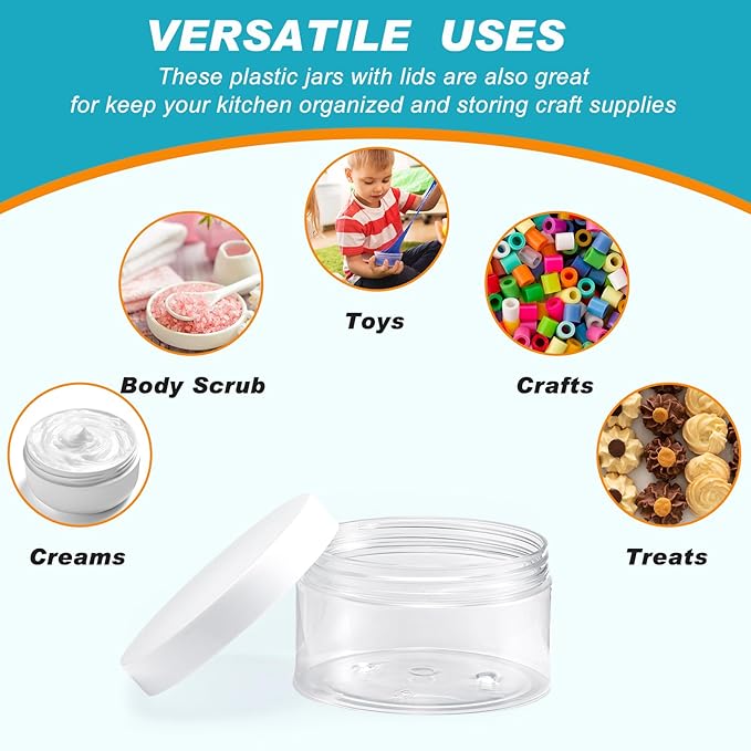 Dandat 24 Pcs 8 oz Plastic Jar Container with Lid and Label Refillable Empty Round Clear with White PET Cosmetic Sample Containers for Lotion, Cream, Ointments, Body Butter, Makeup, Travel Storage
