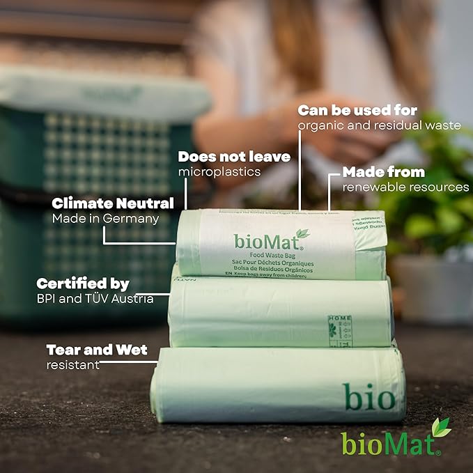 bioMat 35 Gallon Compostable Compost Liners, 30 Count, BPI ASTM D6400 and CMA Certified, Large Compost Bags for Compost Bin