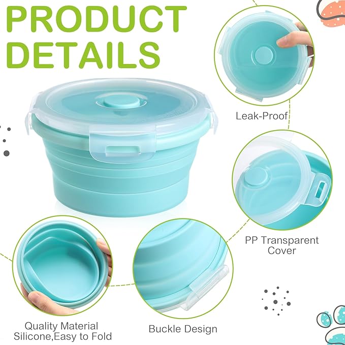 Suclain 4 Pcs Collapsible Bowls with Lids Silicone Camping Food Storage Container Expandable Folding Salad Lunch Box Travel Container for Hiking Camping(Red, Pink, Blue, Green,41 oz)