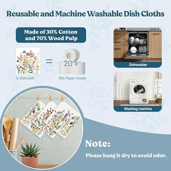 Swedish Dishcloths for Kitchen, Summer Wildflower Dish Rags Floral Kitchen Dish Towels for Washing Dishes, 4 Pack Reusable Paper Towels, Sponge Cloths for Home Cleaning Cooking Baking