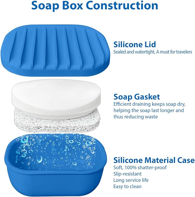 Leakproof Silicone Travel Soap Case with Drainage Layer, Silicone Bar Soap Holder Compact Portable Shatterproof Soap Container Box for Bathroom Gym Camp Travel Toiletries (KleinBlue, Drainage Lid)