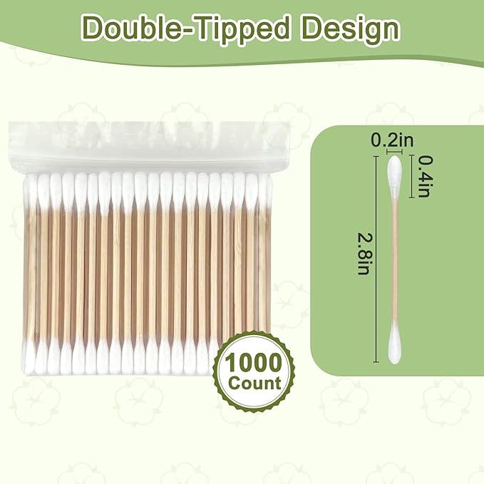 Bamboo Cotton Swabs - Biodegradable Double-Tipped Organic Cotton Buds with Wooden Sticks for Makeup, Personal Care, Ear Cleaning and Pet Grooming (1000 Count)