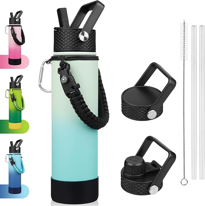 BJPKPK 27oz Insulated Water Bottles with 3 Lids, Paracord Handle & Non-slip Boot, Stainless Steel Metal Water Bottle with Straw, BPA Free Leak Proof Flasks, Tumblers,Mint