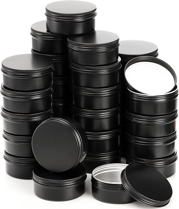 Foraineam 48 Pack 4 oz Metal Round Tins with Screw Lid, Black Aluminium Empty Candle Tins Storage Tin Jars, Cosmetic Sample Containers Travel Tin Cans for Salve, Cream, Spices or Candles