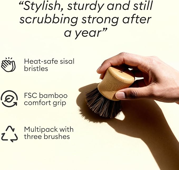 Vove Bamboo Scrub Brush Set, 3 Pack - FSC Certified Bamboo, Plastic-Free Natural Fiber Bristles, Sisal & Union Fibers, Stainless Steel - Kitchen Dish Scrubbing Set, 2 Hard, 1 Medium