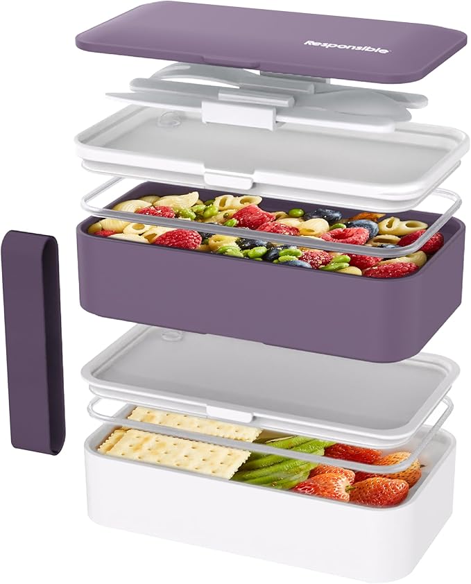 Responsible Products Leak Resistant Bento Box with Tableware for Adult - Teens, Insulated Lunch Box for Women - Men - Girls - Boys, BPA Free, Dishwasher Safe, Microwave Safe, Freezer Safe, 46 oz