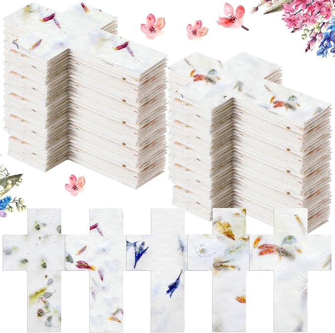50 Pcs Handmade Seed Paper Plantable Wildflower Seed Paper Recycled Flower Petals Tags Wedding Favors for Guests Craft Gifts Cards for Envelope Birthday Party, 5 Styles (Cross)