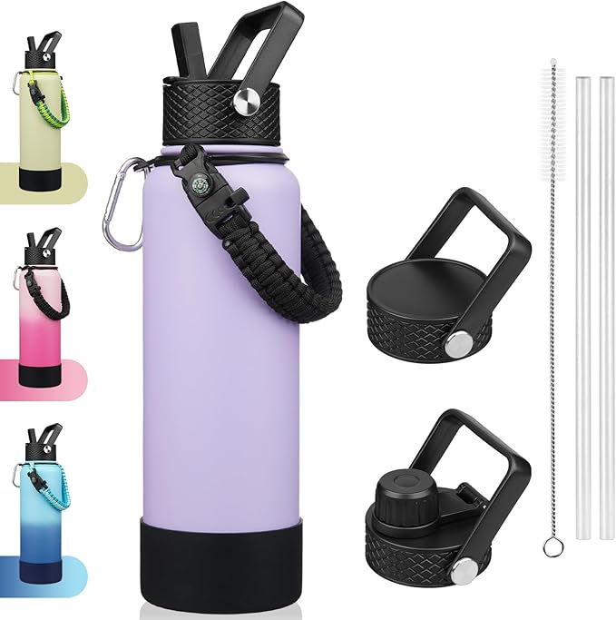BJPKPK Insulated Water Bottle with Straw Lid, 40oz Large Thermal Flasks with 3 Lids, Paracord Handle & Non-slip Boot, BPA Free Leak Proof Stainless Steel Metal Water Bottles, Tumblers, Cups,Lavender