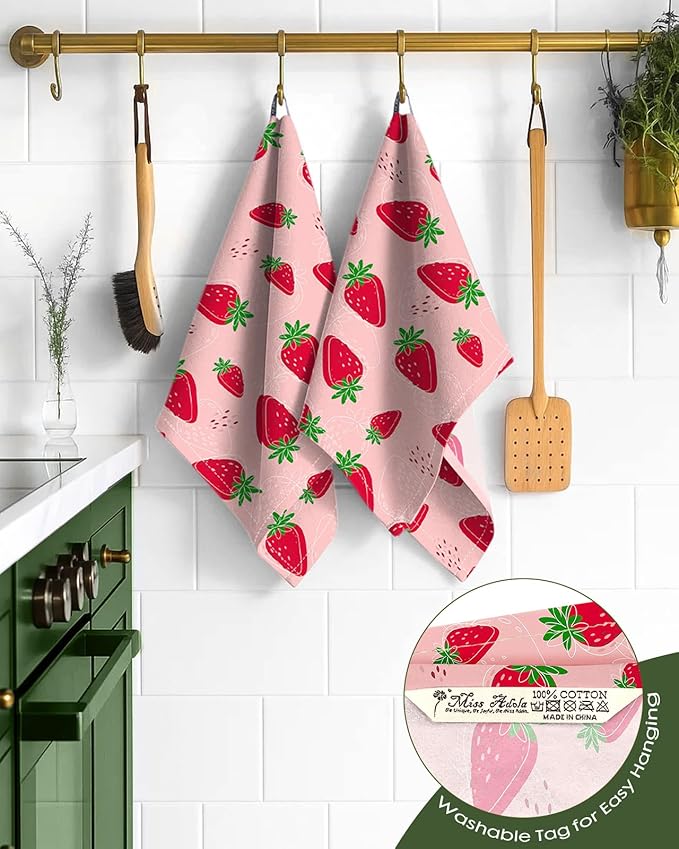 Flour Sack Kitchen Towels Set of 2-18x26 Cotton Dish Towels with Hanging Loop Reusable Tea Towel for Cleaning Spring Absorbent Dishcloths Cute Home Decor Housewarming, Line Strawberry