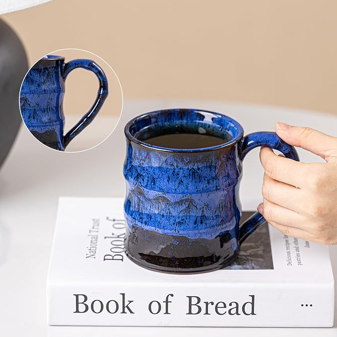 Midnight Blue Ceramic Coffee Mug 15oz - Handcrafted Artisan Mug with Large Handle for Comfort, Unique Birthday Gift for Him/Her, Office Desk Essential, Safe for Dishwasher