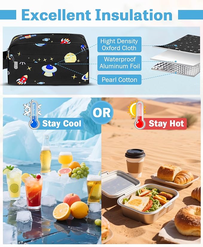 Small Insulated Snack Bag Lunch Box,Collapsible Reusable Small Lunch Bag with Snap Buckle Handle for Beach Travel Picnic,Planetary Astronauts 5-Can(3L)