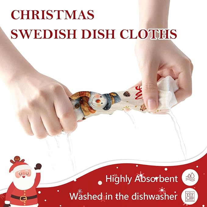 Mixed Christmas Swedish Kitchen Dishcloths Dish Towels 6 Pack, Christmas Dish Towels for Kitchen, Swedish Dishcloth with Santa, Paper Towels Reusable, Dish Cloth Towel Cleaning Wipe for Holiday Party