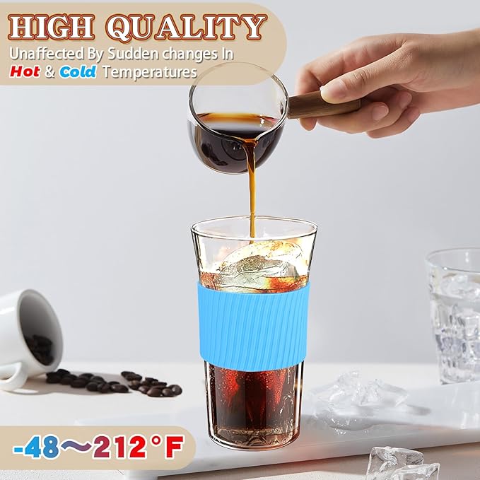 2 Pack 16 oz Iced Coffee Cups with Lids & Straw, Reusable Glass Tumbler with Silicone Sleeve, Wide Mouth Can-Shaped Design for Juice, Smoothie, Water (Blue)
