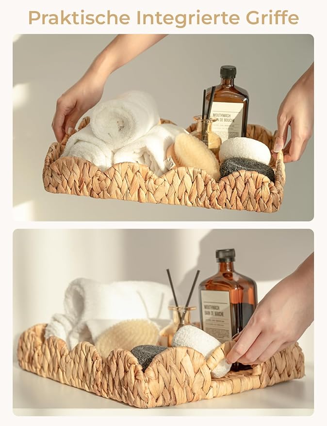 StorageWorks Rectangle Wicker Scalloped Tray, Rattan Serving Trays with Handles, Water Hyacinth Basket for Decorative & Organizing, 15.75" L x 11.5" W x 2.75" H