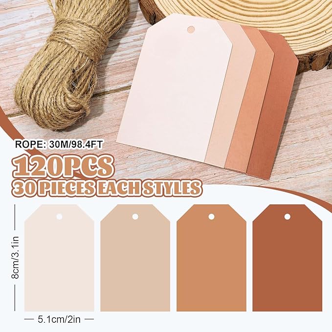 Whaline 120Pcs Terracotta Fall Gift Tags 4 Gradient Solid Colors Hanging Labels with Hemp Rope Bulk Colorful Blank Paper Tags for Birthday Wedding Holiday Fall Party DIY Art Craft Supplies