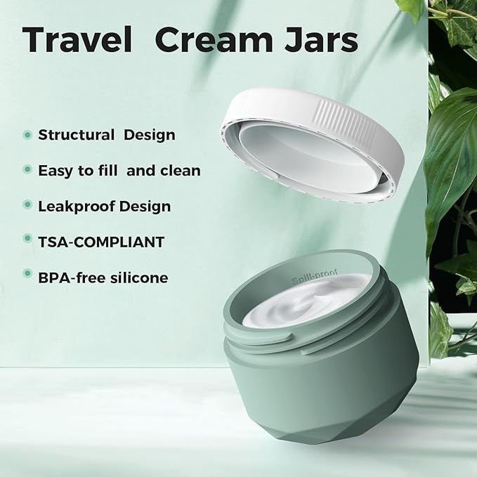 Travel Containers for Toiletries, 4-Pack TSA Approved Silicone Jars (2.5oz) - BPA Free Leakproof Cosmetic Containers for Creams, Lotion, Skincare & Makeup with Bonus Waterproof Bag