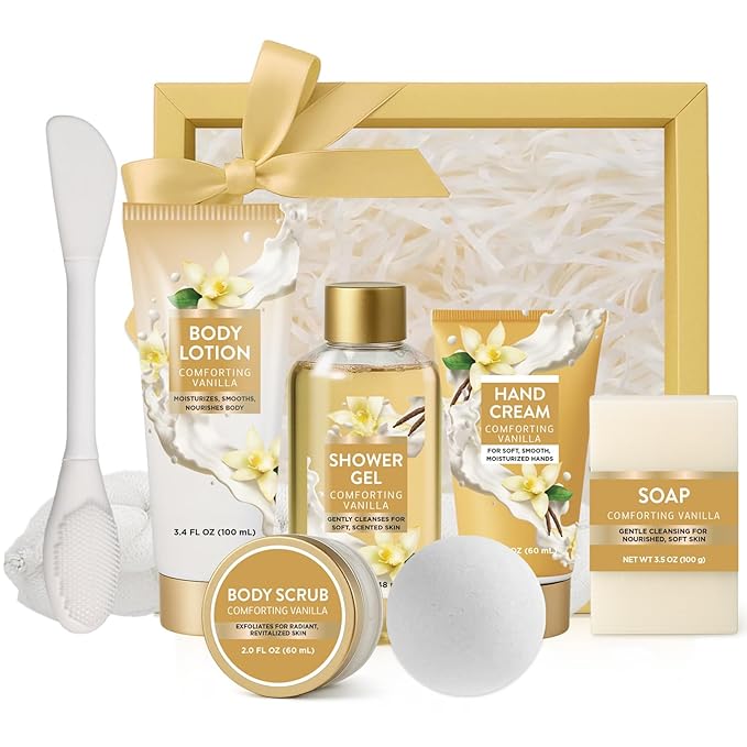 Cozy Vanilla Christmas Gift Sets for Women, 8 Piece Bath and Body Care with Bubble Bath, Relaxing Spa Gifts for Mom, Self Care Gift Basket Set Includes Body Scrub, Hand Cream, Soap for Birthdays