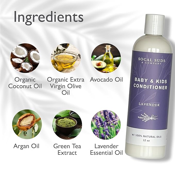 SoCal Suds & Company - Organic Baby & Kids Conditioner - Moisture Baby Hair Conditioner - Gentle Natural Vitamin Rich Ingredient Organic Oils for Babies and Kids Sensitive Scalp - Lavender, 12oz