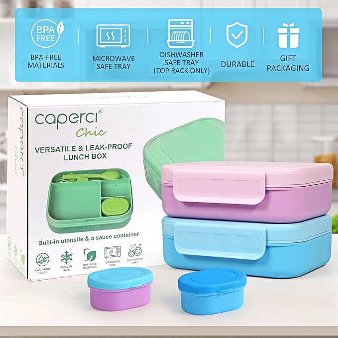 Caperci Bento Box for Kids - Stackable Leakproof Multiple Compartments 5.8 Cups Bento Lunch Box for Adults with Sauce Container - Idea for School, On-the-go, Built-in Utensil Set, BPA Free (Blue)