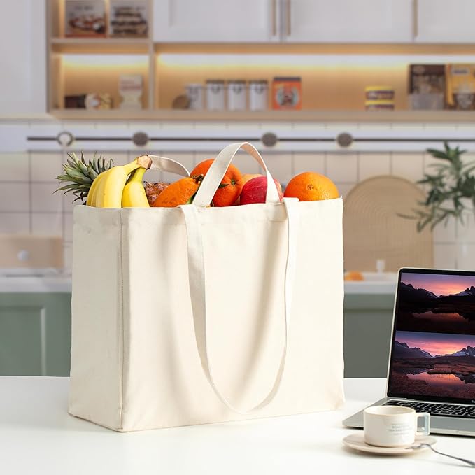 LINICE Canvas Tote Bag Reusable Grocery Bags with Long Shoulder Strap and Short Handle Foldable Heavy Duty Washable (6 Pack)