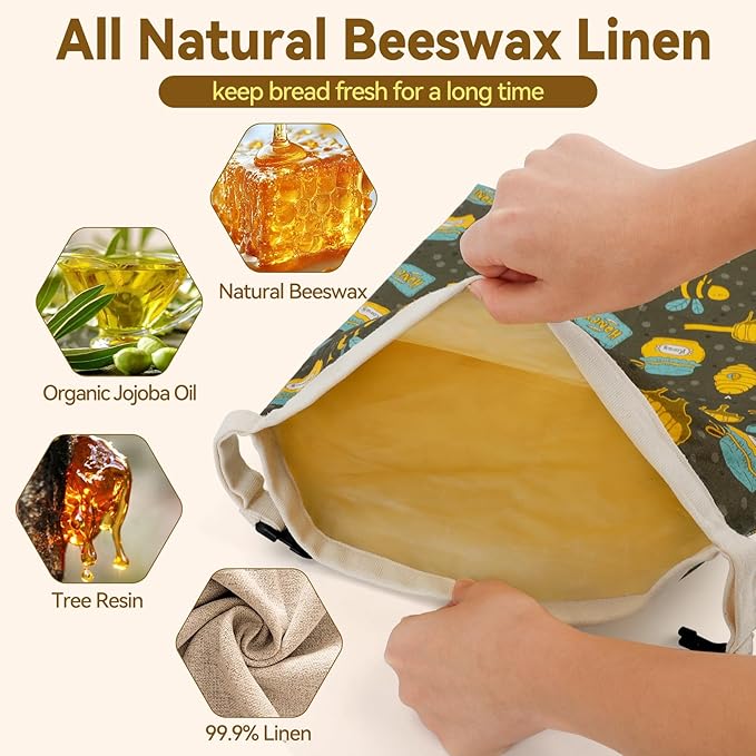 2 Pack Beeswax Bread Bags for Sourdough Homemade Bread, Reusable Natural Organic Linen, Food Storage Cloth Bag, Large Capacity Portable, Freezer-Friendly, Freshness Preservation