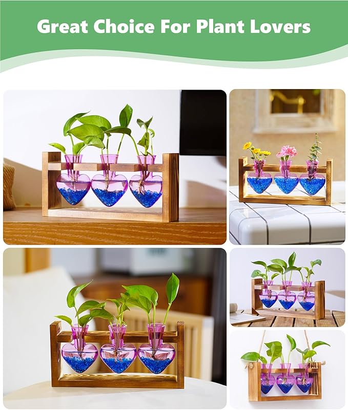 Nacome Plant Terrarium Propagation Stations: Air Planter 3 Bulb Glass Heart Shaped Vase with Wooden Stand for Hydroponics Home Office Decor - Christmas Gifts for Plant Lovers Women Mom Wife(Purple)
