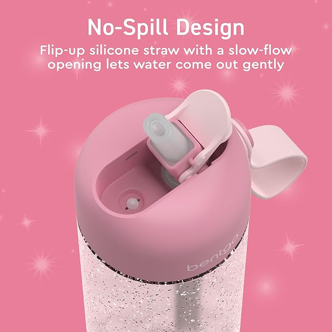 Bentgo Kids Water Bottle - Leak-Proof, Durable Tritan, BPA-Free 15 oz. Cup for Kids/Toddlers Ages 3+, Safe Sip Spout, Carrying Handle, & Dishwasher Safe for School (Glitter Edition - Petal Pink)